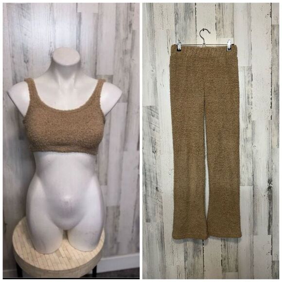 if it were me Tops - If It Were Me Teddy Lounge Set XS | Fuzzy Bralette & Wide Leg Pants | Cozy Tan T